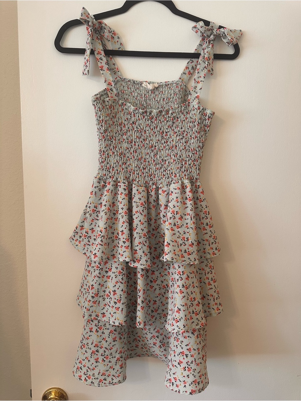Smocked Tiered Floral Sundress with Tie Straps - White/Red